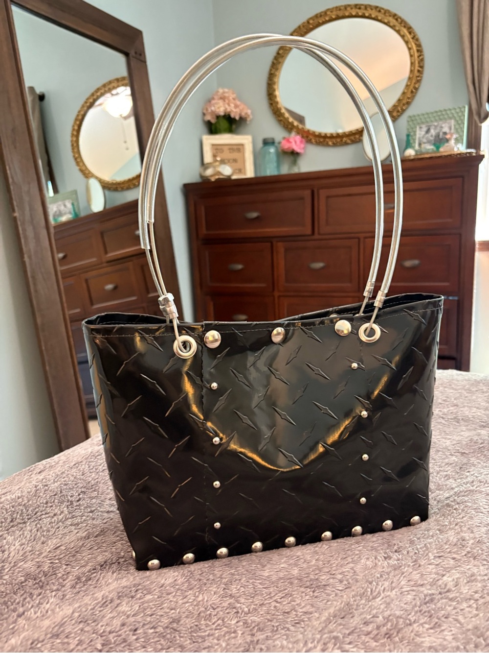 Hardware by Renee Black Patent Tote with Silver Hoop Handles - Picture 2 of 10